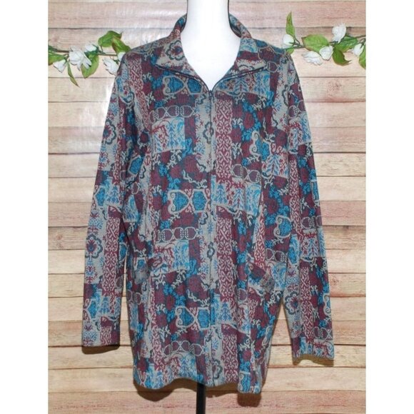 Chelsea Studio Lightweight Zip Front Jacket Tapestry Look Size 1X Burgundy Teal - Picture 1 of 10